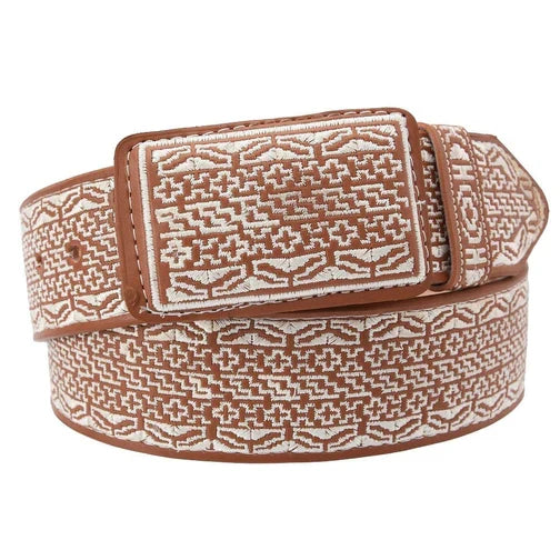 Cinto vaquero ancho de 2 pulgadas color miel con bordado blanco de flores. Cinturón charro artesanal estilo western.