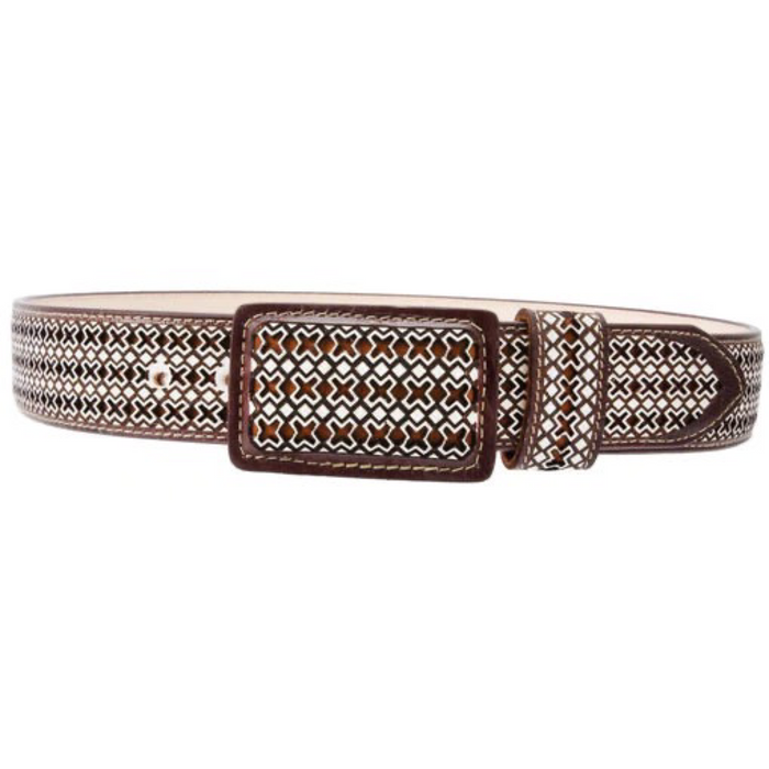 Cinto vaquero café con detalles blancos estilo charro y corte láser, elaborado en piel genuina para hombre.