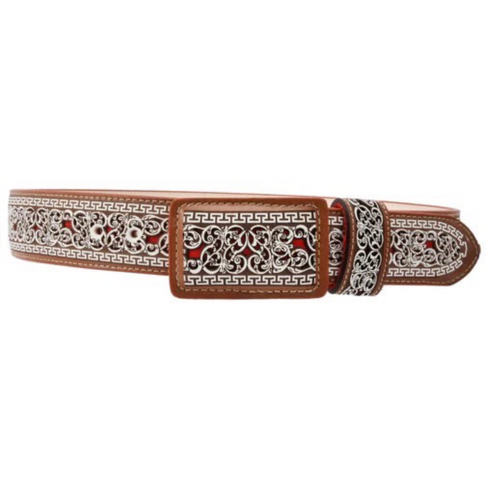 A brown leather belt with a traditional pattern design, featuring a metallic buckle.