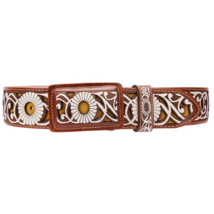 A brown leather belt with a patterned design featuring white flowers and decorative elements, crafted with precision laser cutting.
