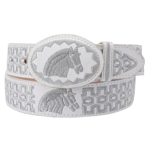 Cinturón charro blanco con detalles plateados de caballo
