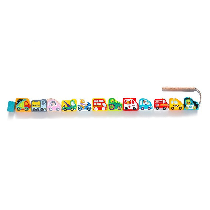 The Cubika Wooden Lacing Toy Flying Cars by Cubika features colorful wooden vehicles—including cars, a bus, fire truck, and bicycle—strung together with a pull string to help develop fine motor skills.