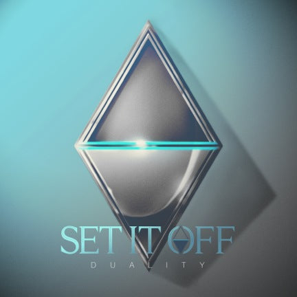 A metallic diamond-shaped emblem with a glowing blue line appears above the text โSet It Off Dualityโ on a light blue background, creating striking cover art for Set It Offโs music album.