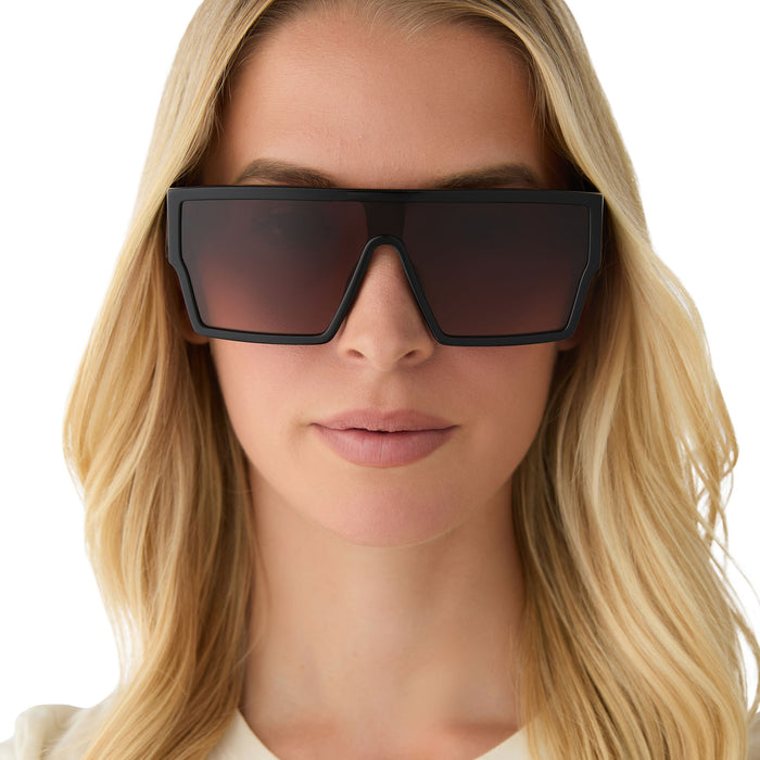 on model - female wearing diff eyewear electra shield sunglasses black frame & brown gradient lenses front view