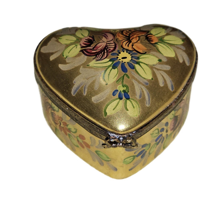 Gold Floral Heart Treasure Box Porcelain Limoges Heart French Trinket Box