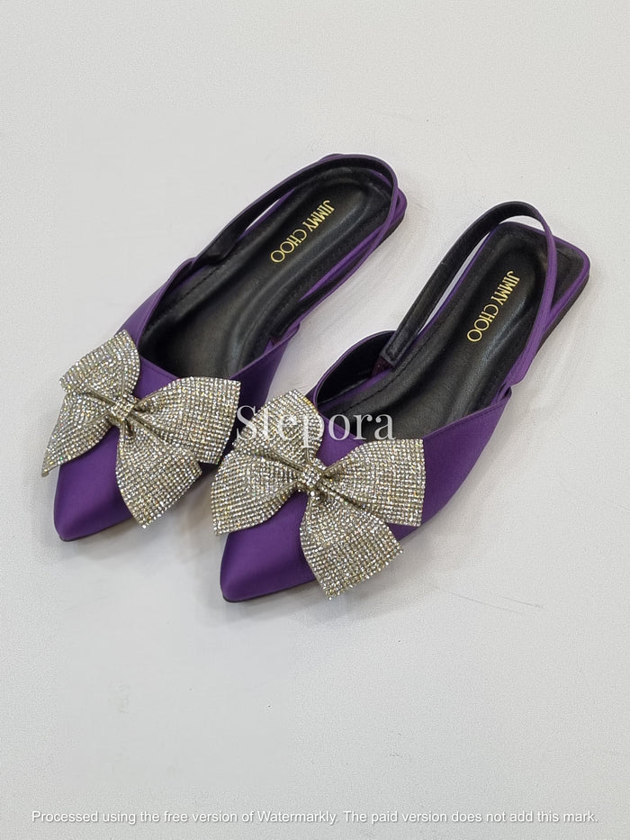 Luxury Satin Crystal Bow Slingback Flats – Pointed Toe Evening Shoes