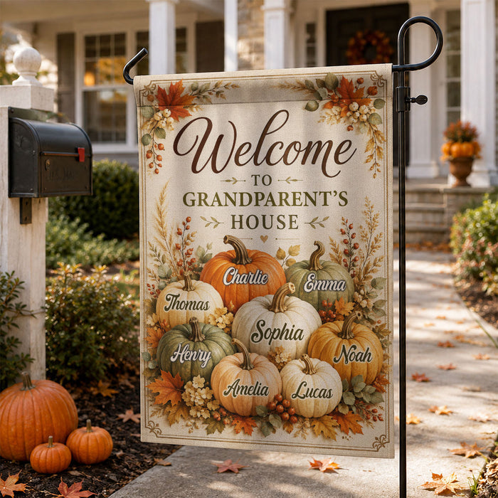 Personalized "Welcome To Grandparent's House" Fall Pumpkin Garden Flag โ Seasonal Decor Gift For Grandma & Grandpa