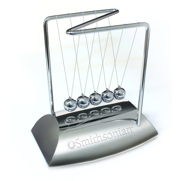 The Smithsonian Newtons Cradle by Smithsonian features five silver spheres on a base engraved “Smithsonian,” elegantly demonstrating physics and kinetic energy transfer as a stylish STEM desktop display.