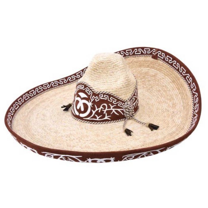 A traditional Mexican sombrero with a white brim and brown crown, featuring a white diamond pattern and decorative brown trim around the edge.
