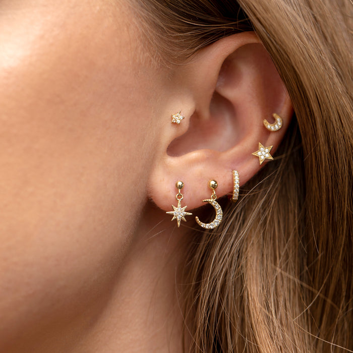 14k Solid Gold My Moon and Stars Stud Earrings