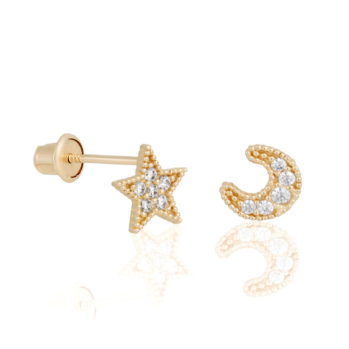 14k Solid Gold My Moon and Stars Stud Earrings