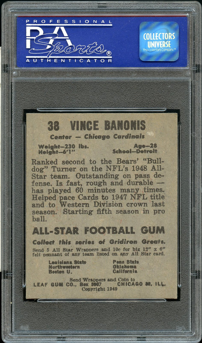 1949 Leaf FB Card # 38 Vince Banonis Chicago Cardinals HOF PSA EX-MT 6 (MGD2)