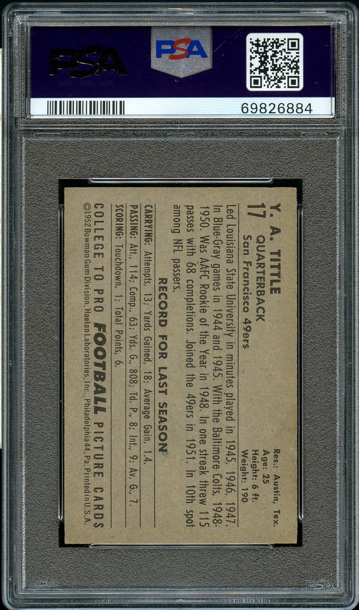 1952 Bowman Small FB Card # 17 Y.A. Tittle San Francisco 49ers HOF PSA VG-EX 4 (MGD2)