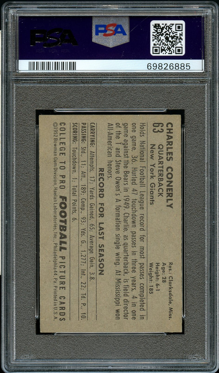 1952 Bowman Small FB Card # 63 Charley Conerly New York Giants HOF PSA EX-MT 6 (MGD2)