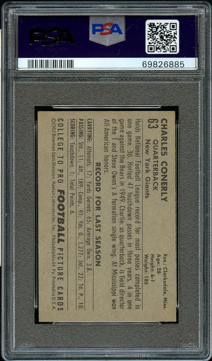 1952 Bowman Small FB Card # 63 Charley Conerly New York Giants HOF PSA EX-MT 6 (MGD2)