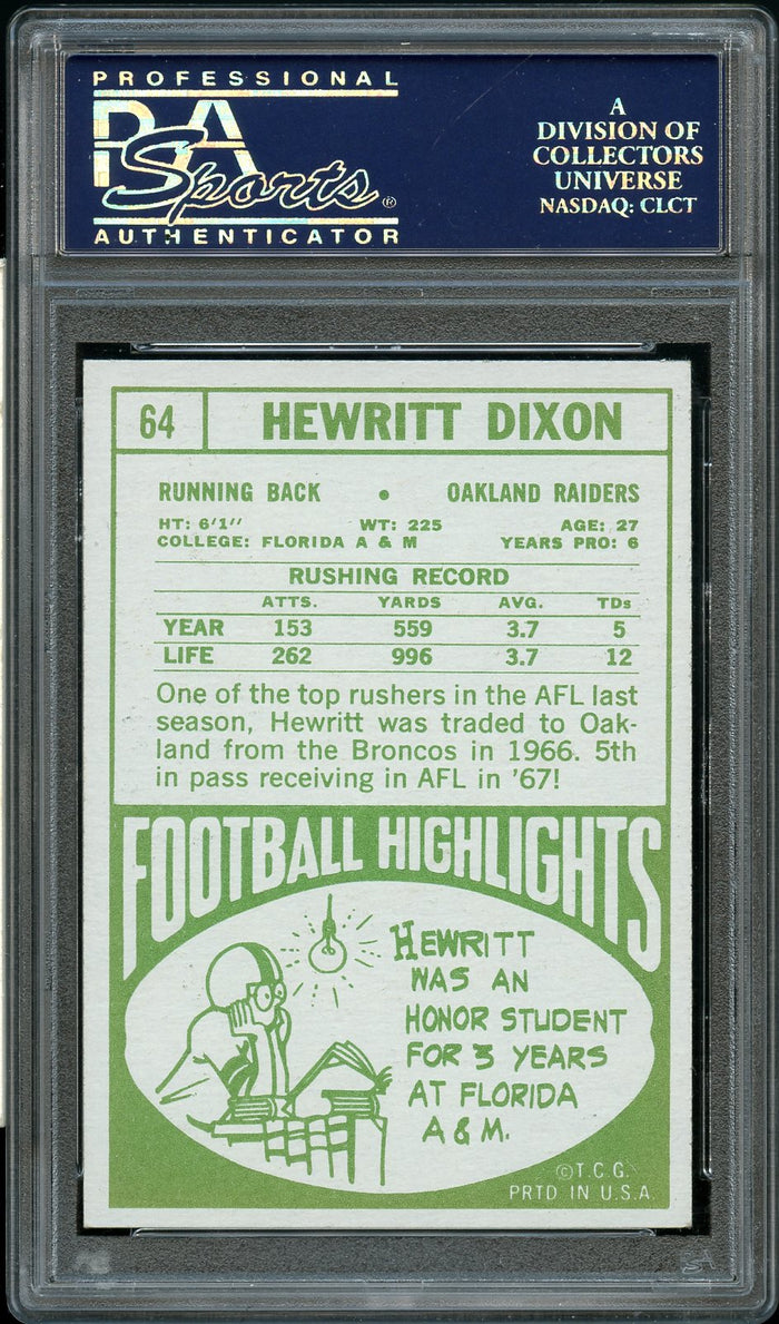1968 Topps FB Card # 64 Hewritt Dixon Oakland Raiders PSA NM-MT 8 (MGD2)