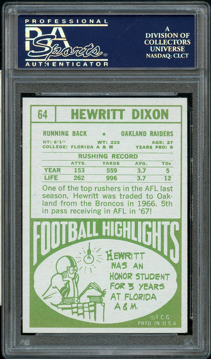 1968 Topps FB Card # 64 Hewritt Dixon Oakland Raiders PSA NM-MT 8 (MGD2)
