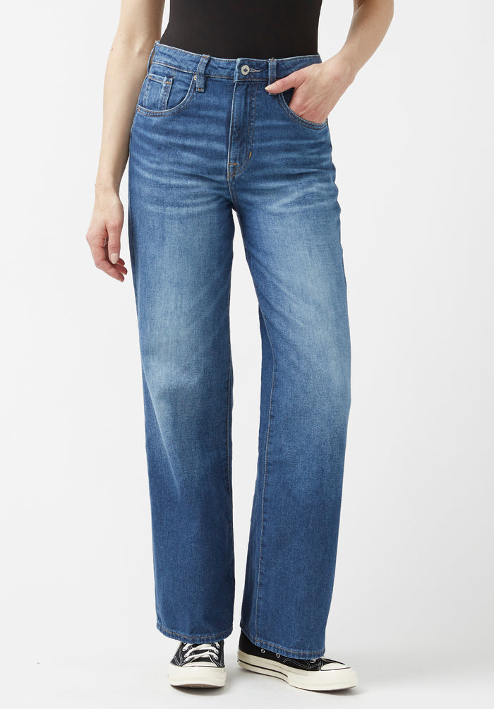 Buffalo Women Jeans Navy Denim Denim Pants Rigid High Rise Wide Leg Fit