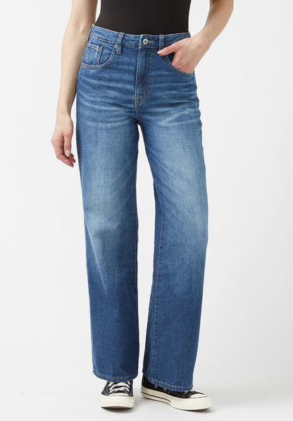 Buffalo Women Jeans Navy Denim Denim Pants Rigid High Rise Wide Leg Fit