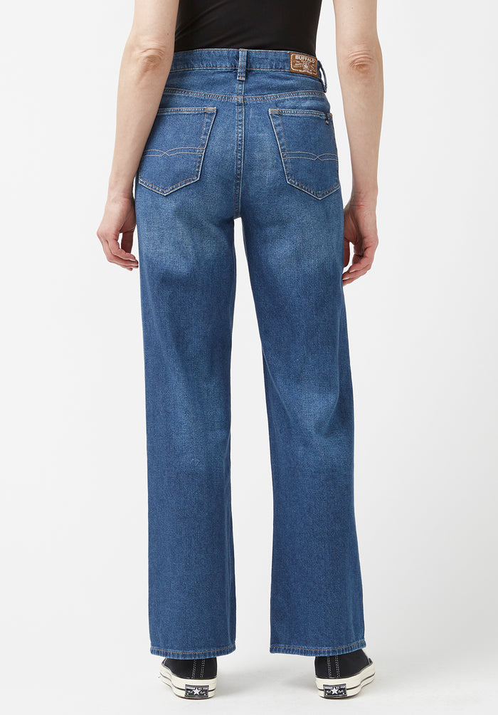 Buffalo Women Jeans Navy Denim Denim Pants Rigid High Rise Wide Leg Fit