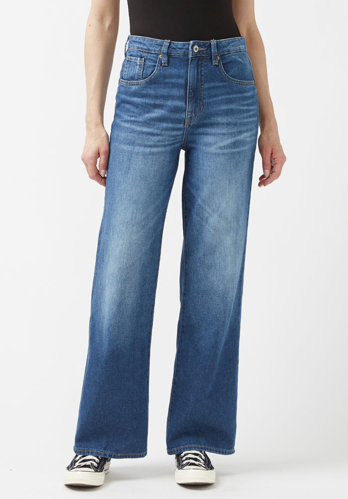 Buffalo Women Jeans Navy Denim Denim Pants Rigid High Rise Wide Leg Fit