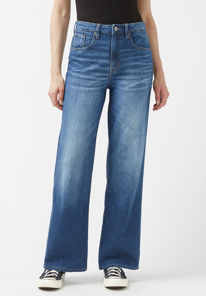 Buffalo Women Jeans Navy Denim Denim Pants Rigid High Rise Wide Leg Fit