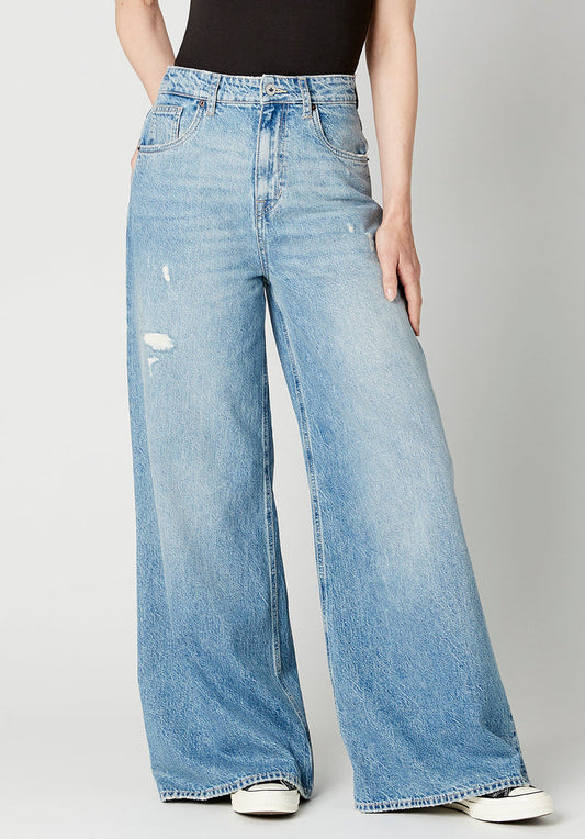 Buffalo Women Jeans Navy Denim Denim Pants Rigid High Rise Super Wide Leg Fit