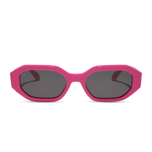 diff eyewear featuring the allegra rectangle sunglasses with a bright pink frame and grey lenses front view