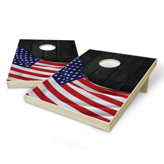 American Flag Tailgate Cornhole Set - Black Wood