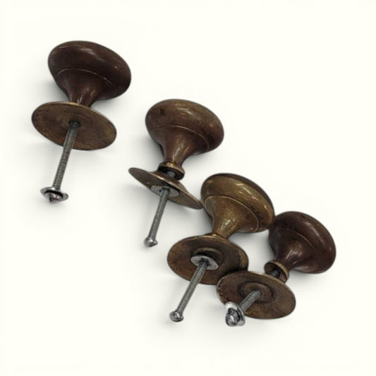 Antique Solid Brass Cabinet Pulls Knobs Set of 4 | Heavy 1” Hardware with Original Backplates Patina - Wainfleet Trading Post