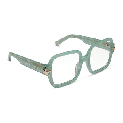 disney princess x diff eyewear ariel square prescription glasses in a green pearl frame angled view