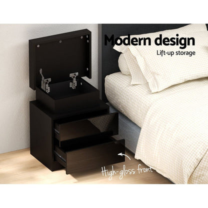 Artiss Bedside Table LED 2 Drawers Lift-up Storage - COLEY Black -Home Living Store - -