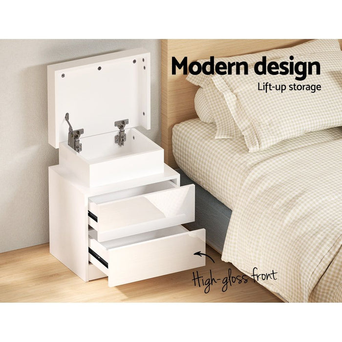 Artiss Bedside Table LED 2 Drawers Lift-up Storage - COLEY White -Home Living Store - -