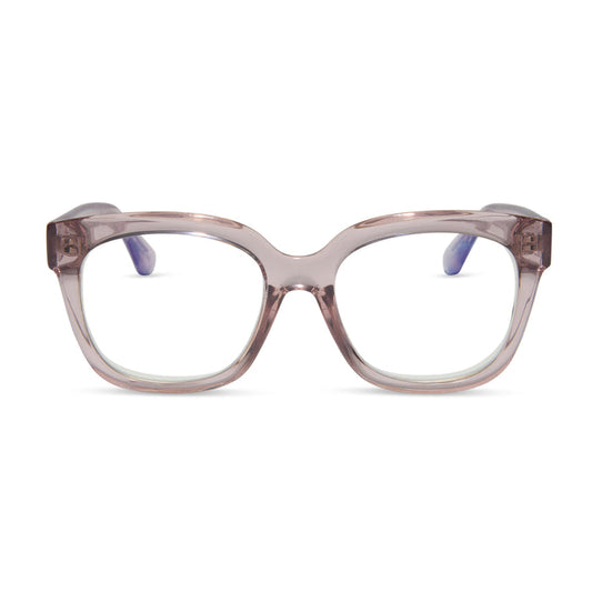 diff eyewear featuring the ava square blue light readers with a light pink crystal frame front view