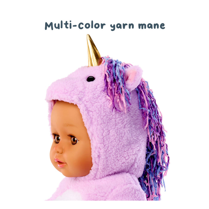 Doll wearing a unicorn costume with a multi-color yarn mane on a white background