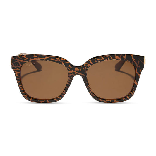 diff eyewear featuring the bella xs square sunglasses with a animal print frame and brown lenses front view