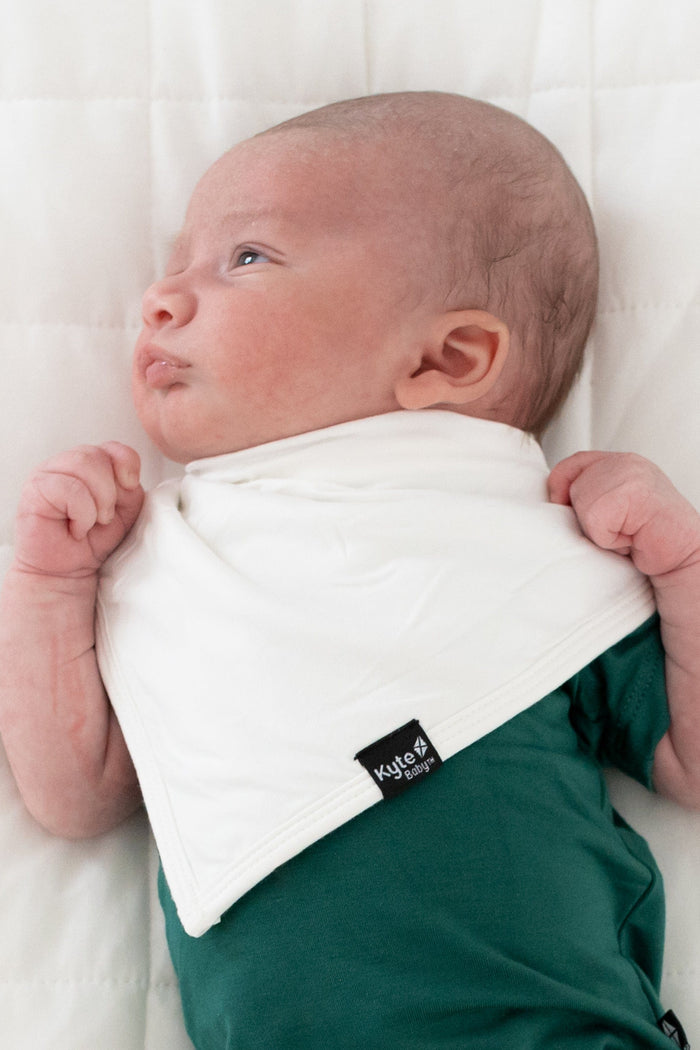 Infant wearing Kyte Baby Bib in Cloud and an Emerald Short sleeve bodysuit
