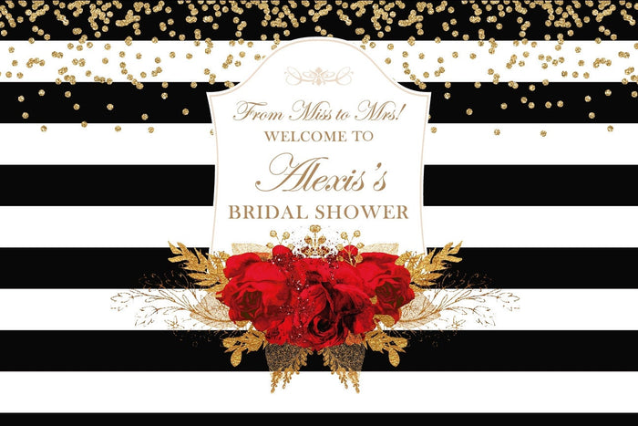 Black and White Bridal Shower Backdrop, Red Roses, Gold Floral (Printed or Printable File)