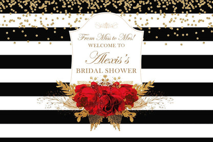 Black and White Bridal Shower Backdrop, Red Roses, Gold Floral (Printed or Printable File)
