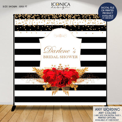 Black and White Bridal Shower Backdrop, Red Roses, Gold Floral (Printed or Printable File)
