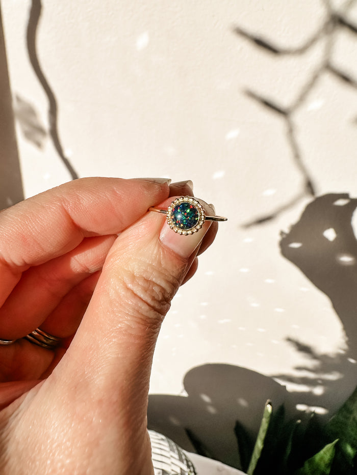 Black Opal Halo Gold Ring