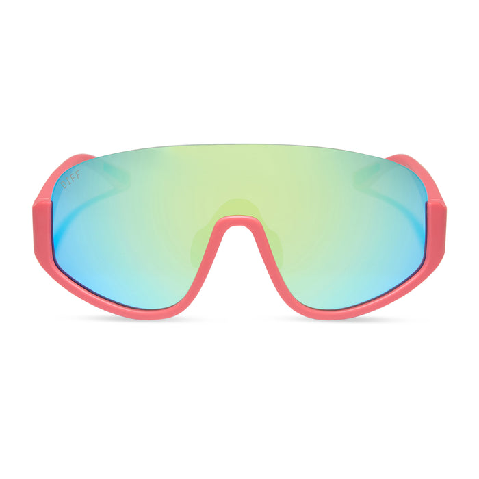 diff sport featuring the blazer shield sunglasses with a coral frame and turquoise ice mirror polarized lenses front view