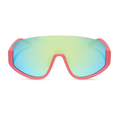diff sport featuring the blazer shield sunglasses with a coral frame and turquoise ice mirror polarized lenses front view