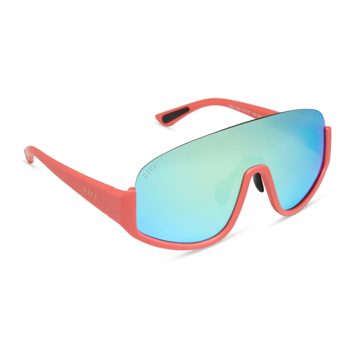 diff sport featuring the blazer shield sunglasses with a coral frame and turquoise ice mirror polarized lenses angled view