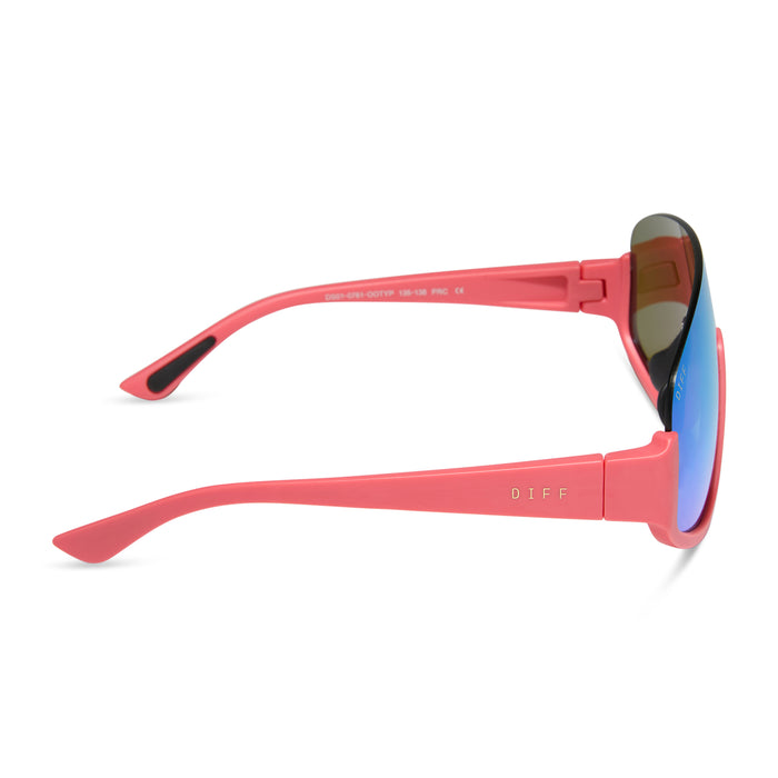 diff sport featuring the blazer shield sunglasses with a coral frame and turquoise ice mirror polarized lenses side view