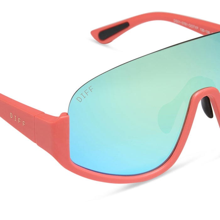 diff sport featuring the blazer shield sunglasses with a coral frame and turquoise ice mirror polarized lenses detailed view