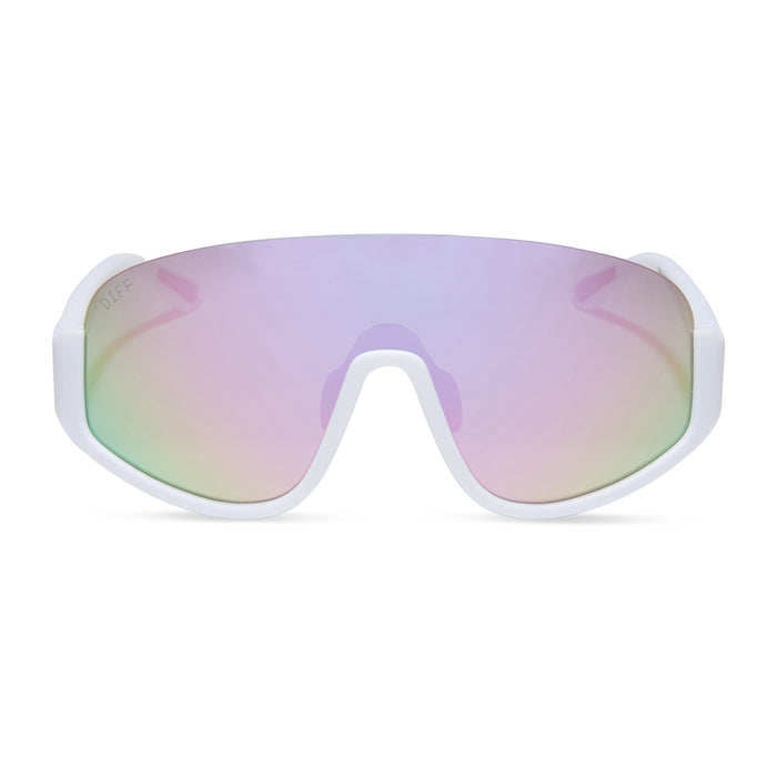 diff sport featuring the blazer shield sunglasses with a matte white frame and lavender mirror polarized lenses front view