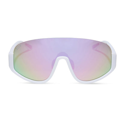 diff sport featuring the blazer shield sunglasses with a matte white frame and lavender mirror polarized lenses front view
