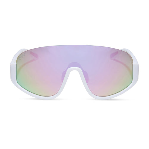 diff sport featuring the blazer shield sunglasses with a matte white frame and lavender mirror polarized lenses front view