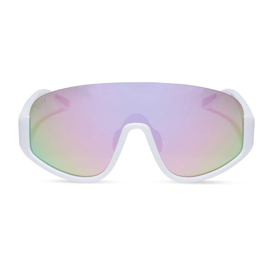 diff sport featuring the blazer shield sunglasses with a matte white frame and lavender mirror polarized lenses front view